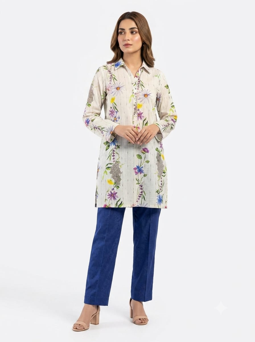 Cream Floral Print Collar Tunic 2Pc Suit