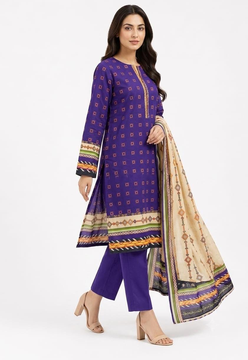 Purple Geometric Print Suit - 3Pc