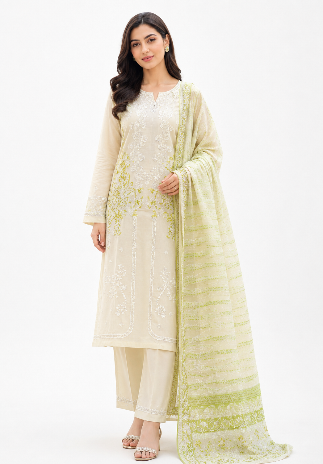 Ivory Embroidered Suit with Lime Green Dupatta