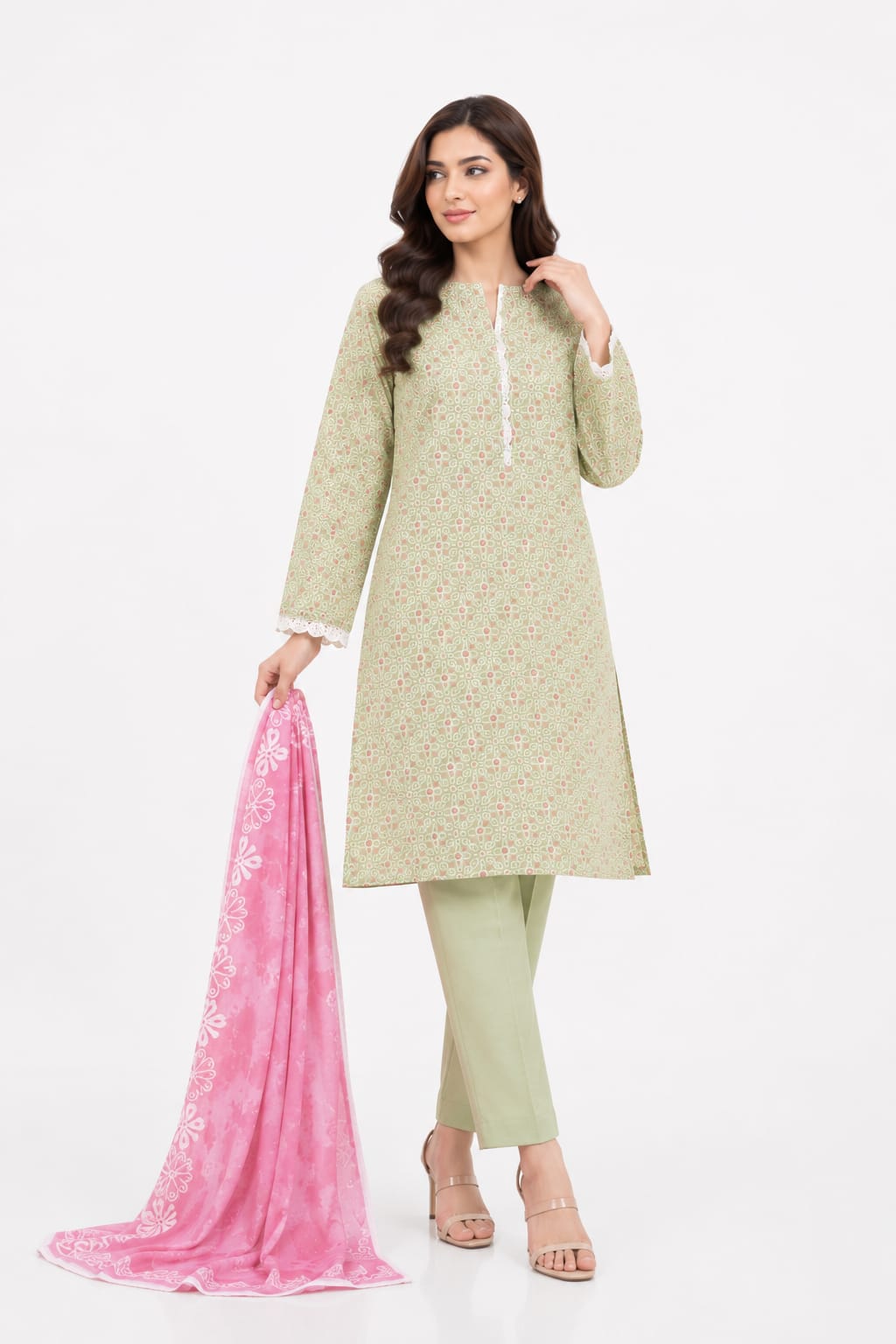 Sage Green Geometric Floral Lace Suit - 3Pc