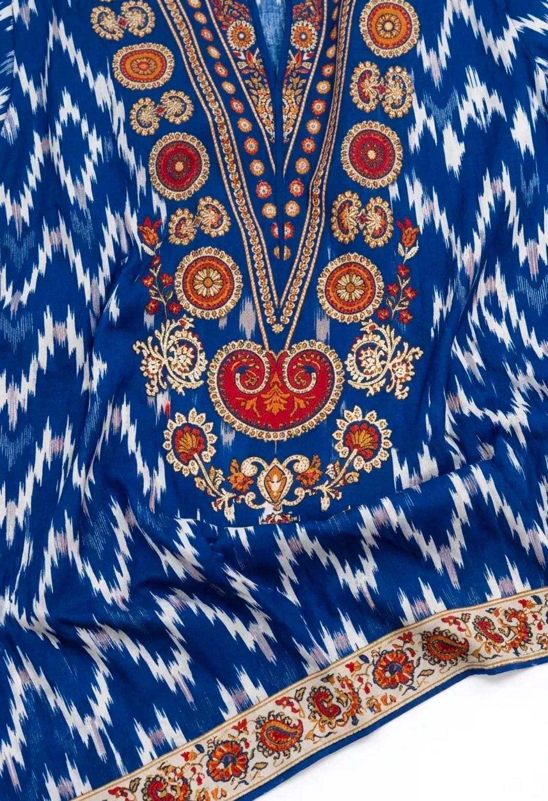 Navy Blue Ikat Embroidered Suit - 3Pc