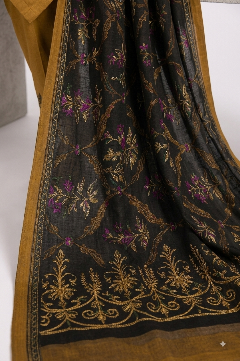 Camel Suit with Black Embroidery & Floral Dupatta