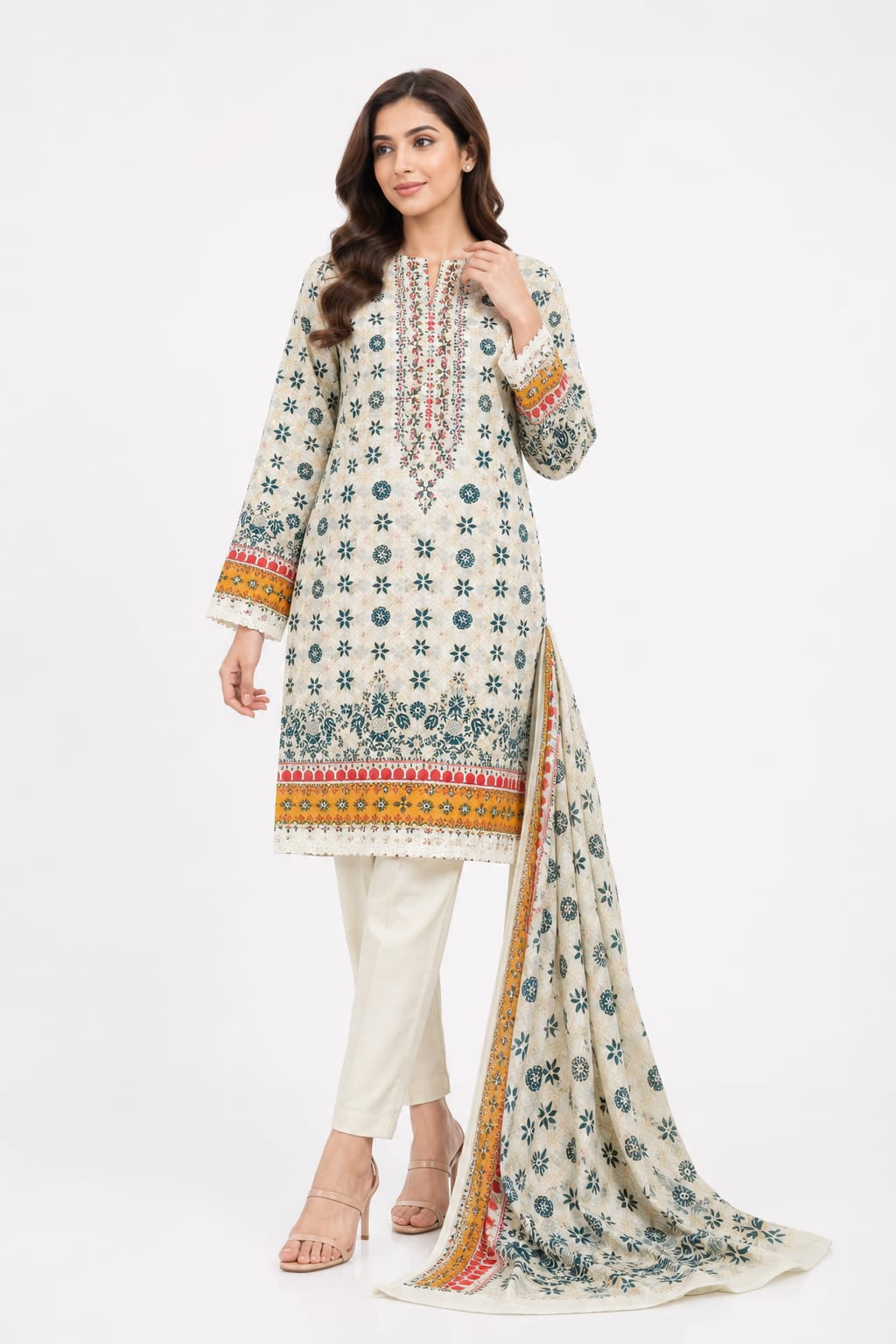 Ivory Floral Medallion Embroidered Suit - 3Pc