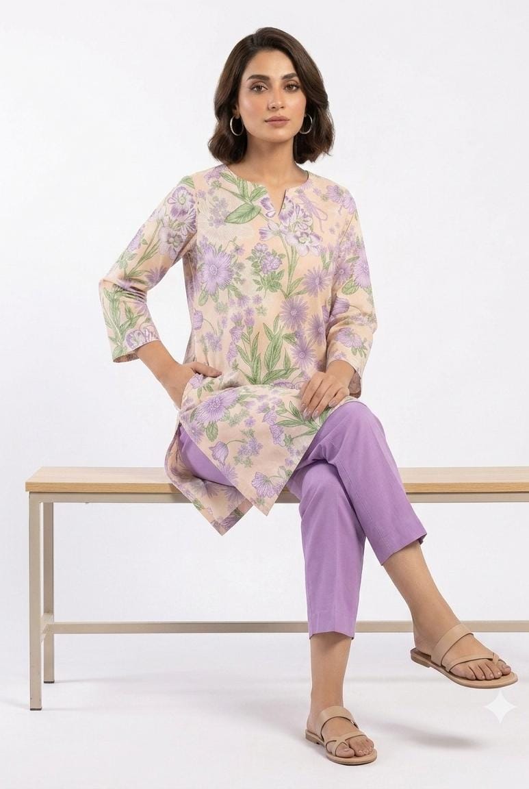 Peach Floral Print 2Pc Suit with Purple Trouser
