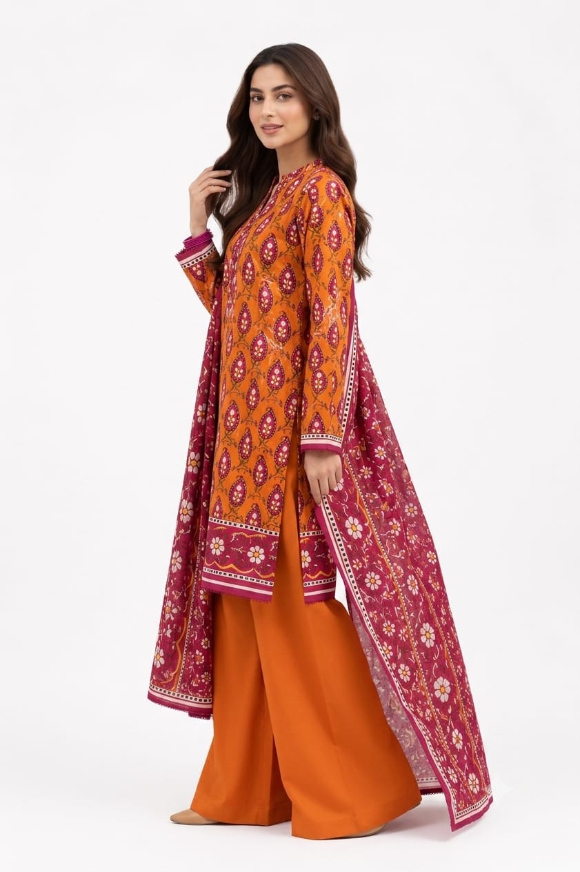 Mustard Orange Paisley Print Suit - 3Pc