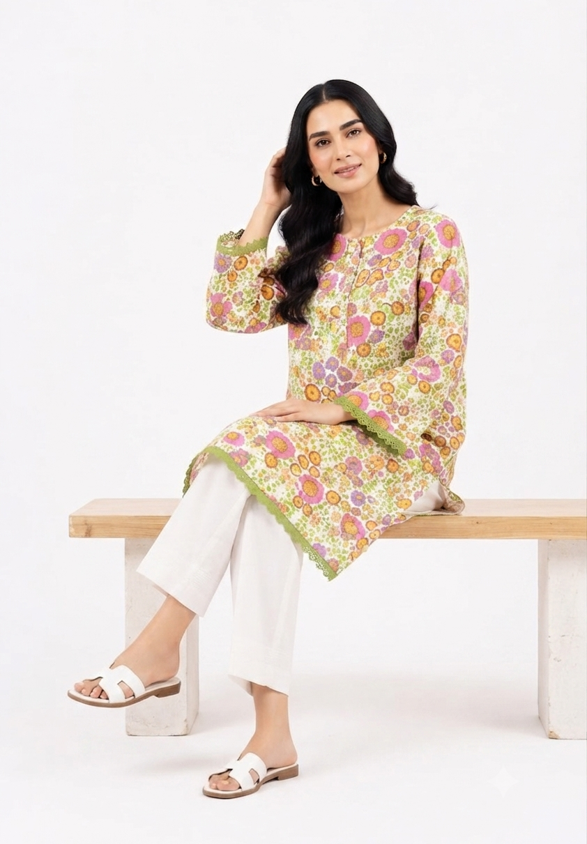 Ivory Multicolor Floral Print 2Pc Suit with Green Lace