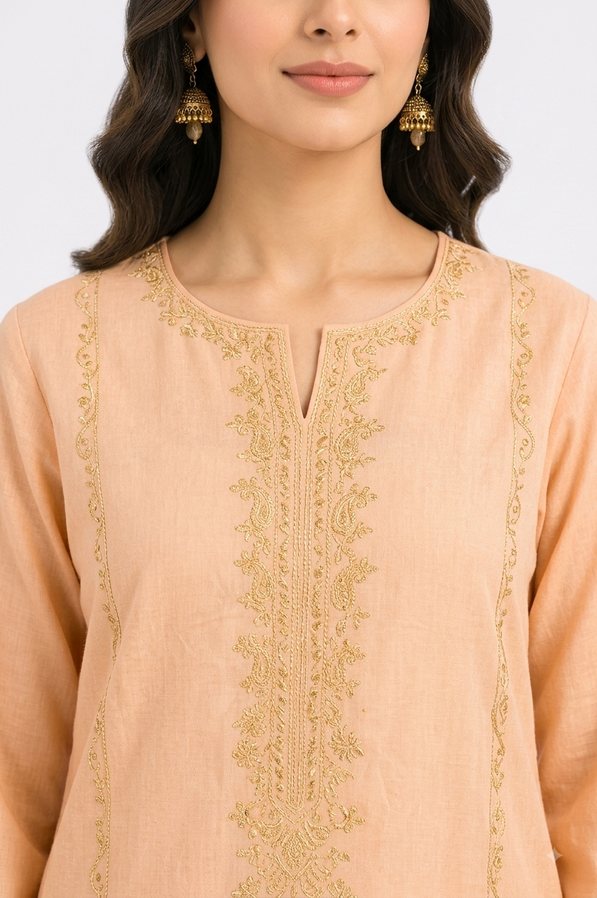 Apricot Embroidered 3-Piece Suit with Purple Floral Dupatta