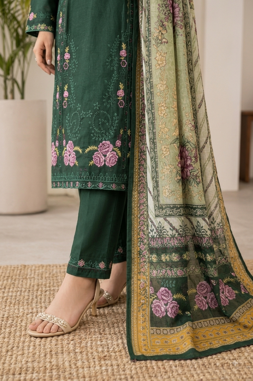 Bottle Green Embroidered Suit with Pink Rose Motifs