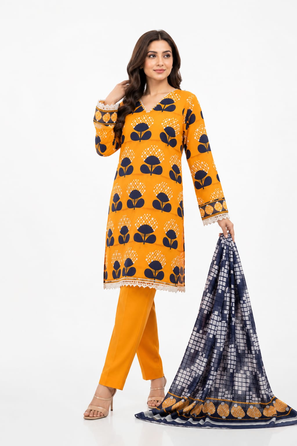 Mustard Orange Navy Floral V-Neck Suit - 3Pc