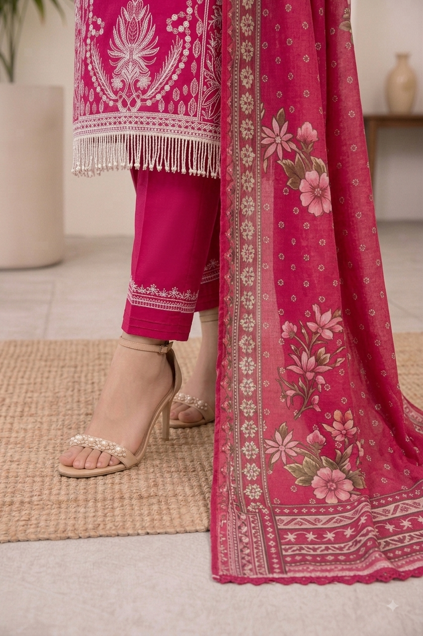 Fuchsia Pink Embroidered Suit with Tassel Hem