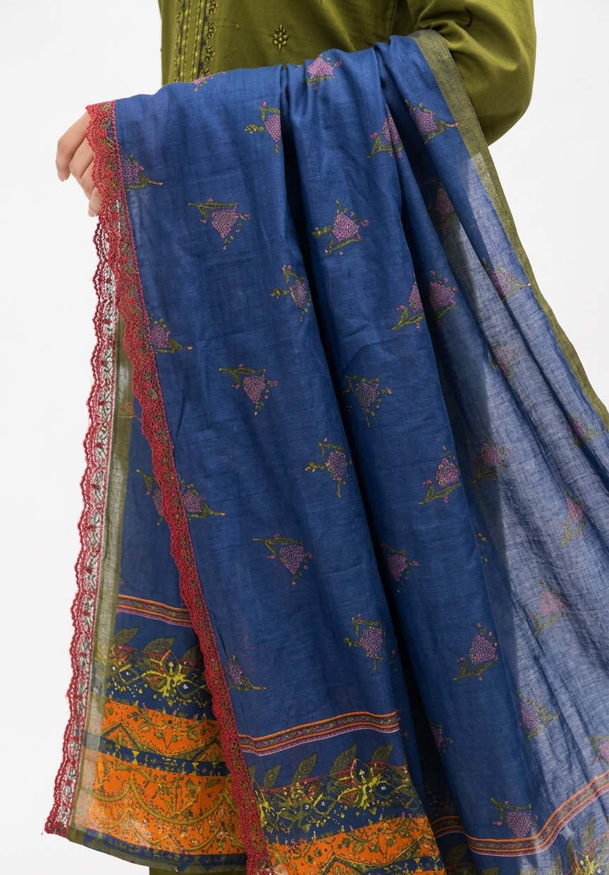 Olive Green Suit with Multicolor Floral Embroidery