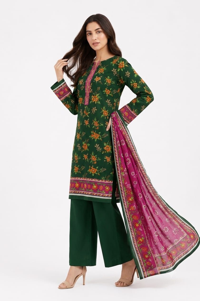 Bottle Green Floral Suit with Pink Border - 3Pc