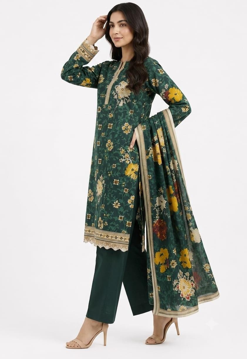 Bottle Green Floral Gold-Border Embroidered Suit - 3Pc