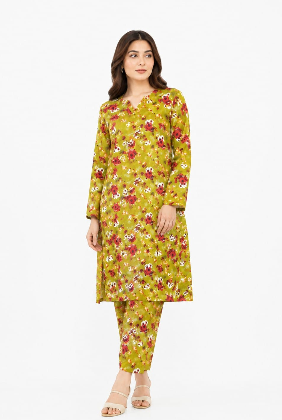 Olive Green Floral Scatter Print 2Pc Suit