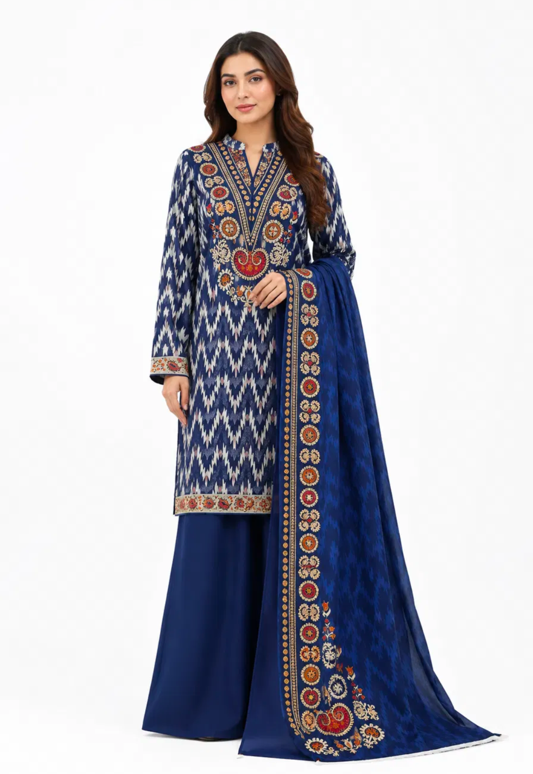 Navy Blue Ikat Embroidered Suit - 3Pc