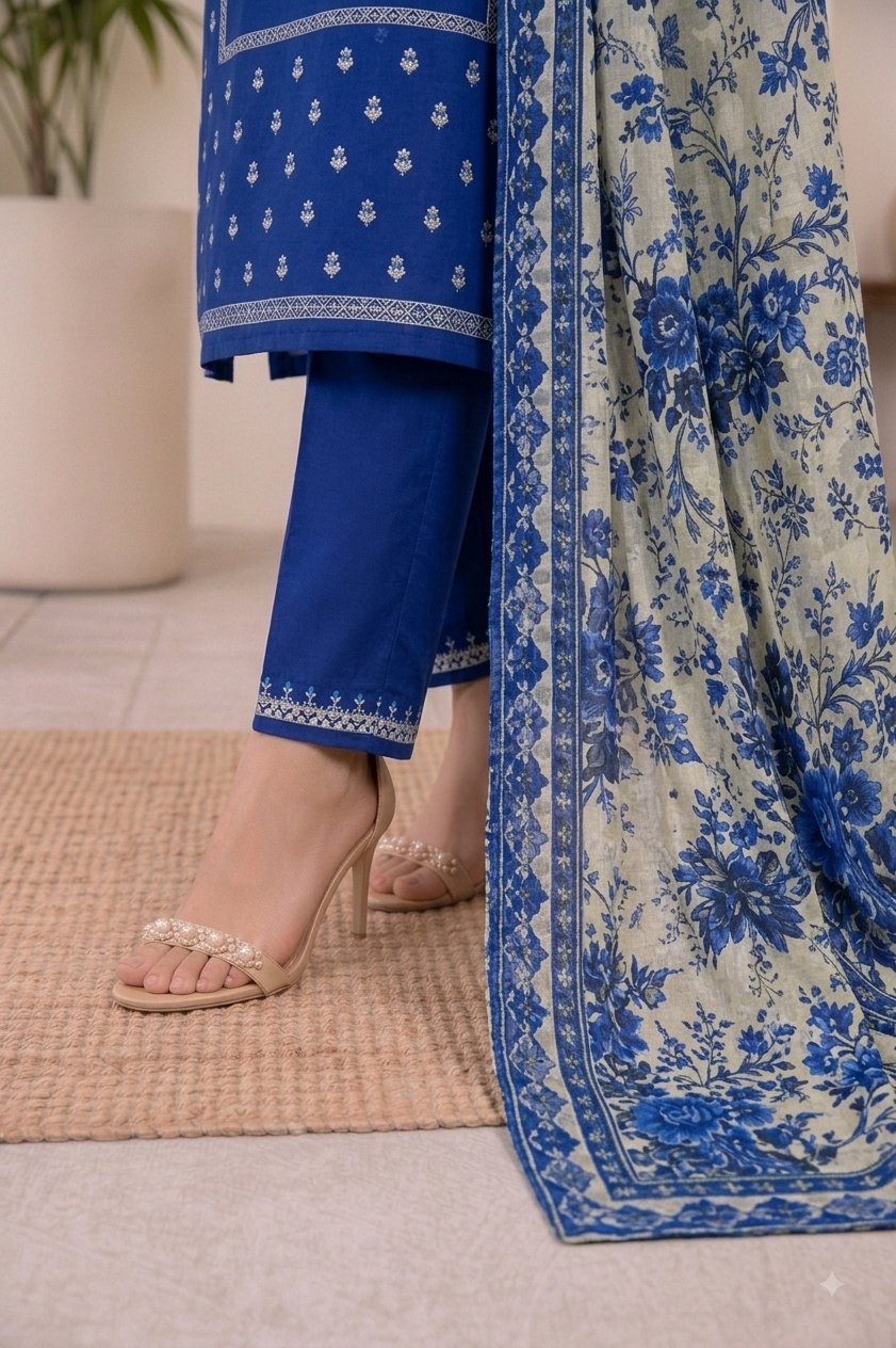 Royal Blue Embroidered Suit with Floral Cream Dupatta