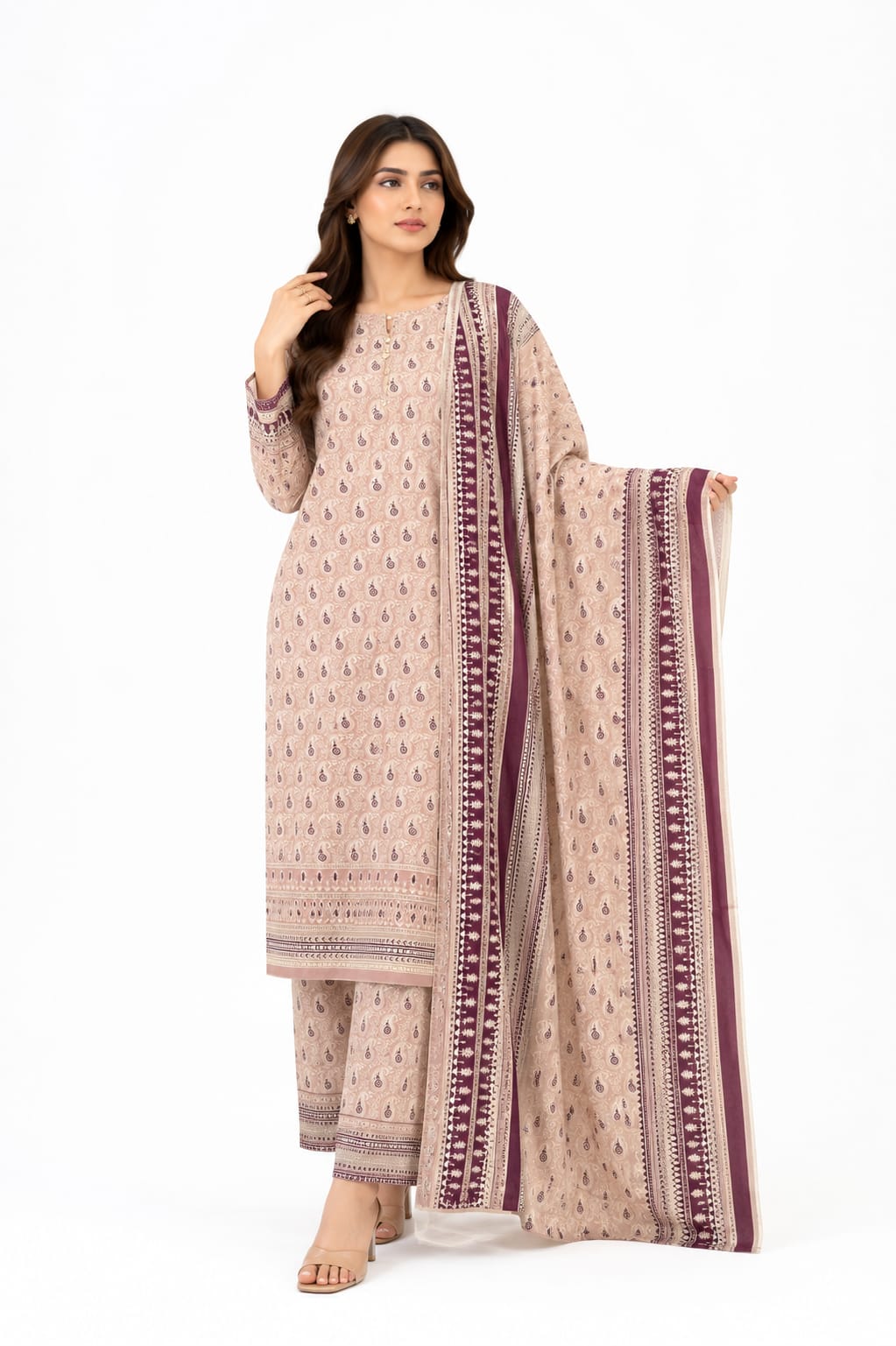 Blush Beige Paisley Print Suit with Maroon Border
