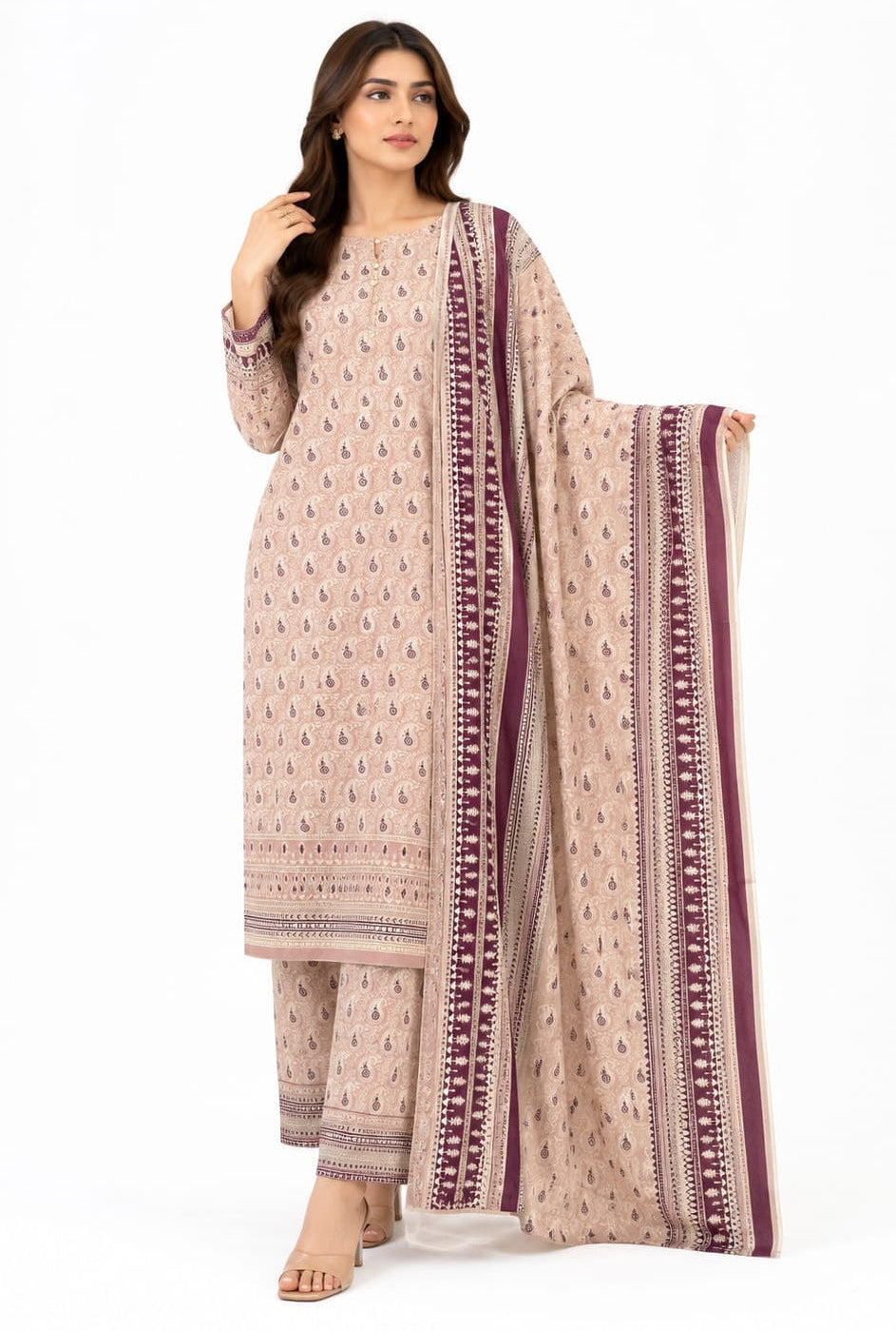 Blush Beige Paisley Print Suit with Maroon Border