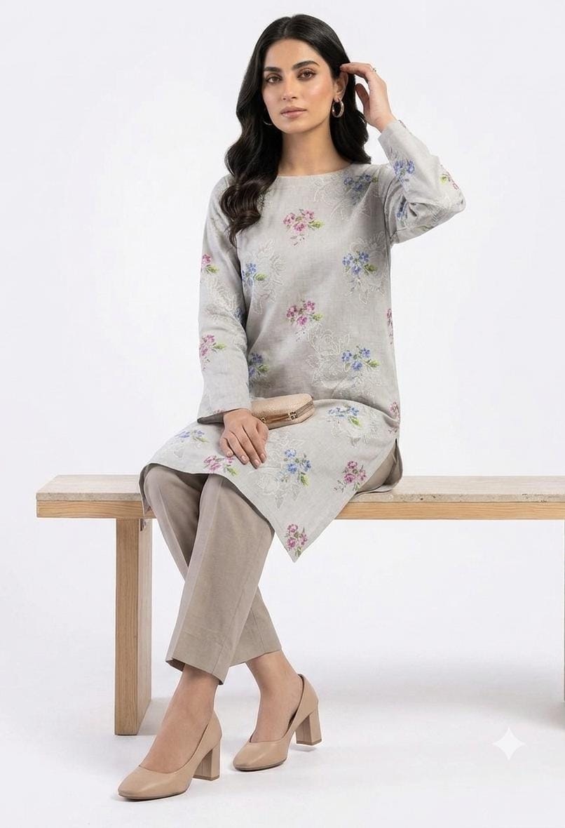 Grey Floral Print 2Pc Suit