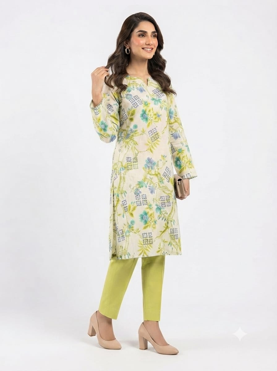 Cream Floral Geometric Print 2Pc Suit