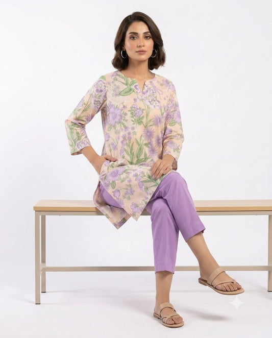 Peach Floral Print 2Pc Suit with Purple Trouser