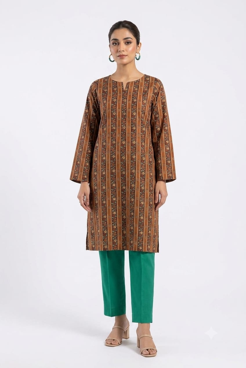 Rust Brown Striped Floral Print 2Pc Suit