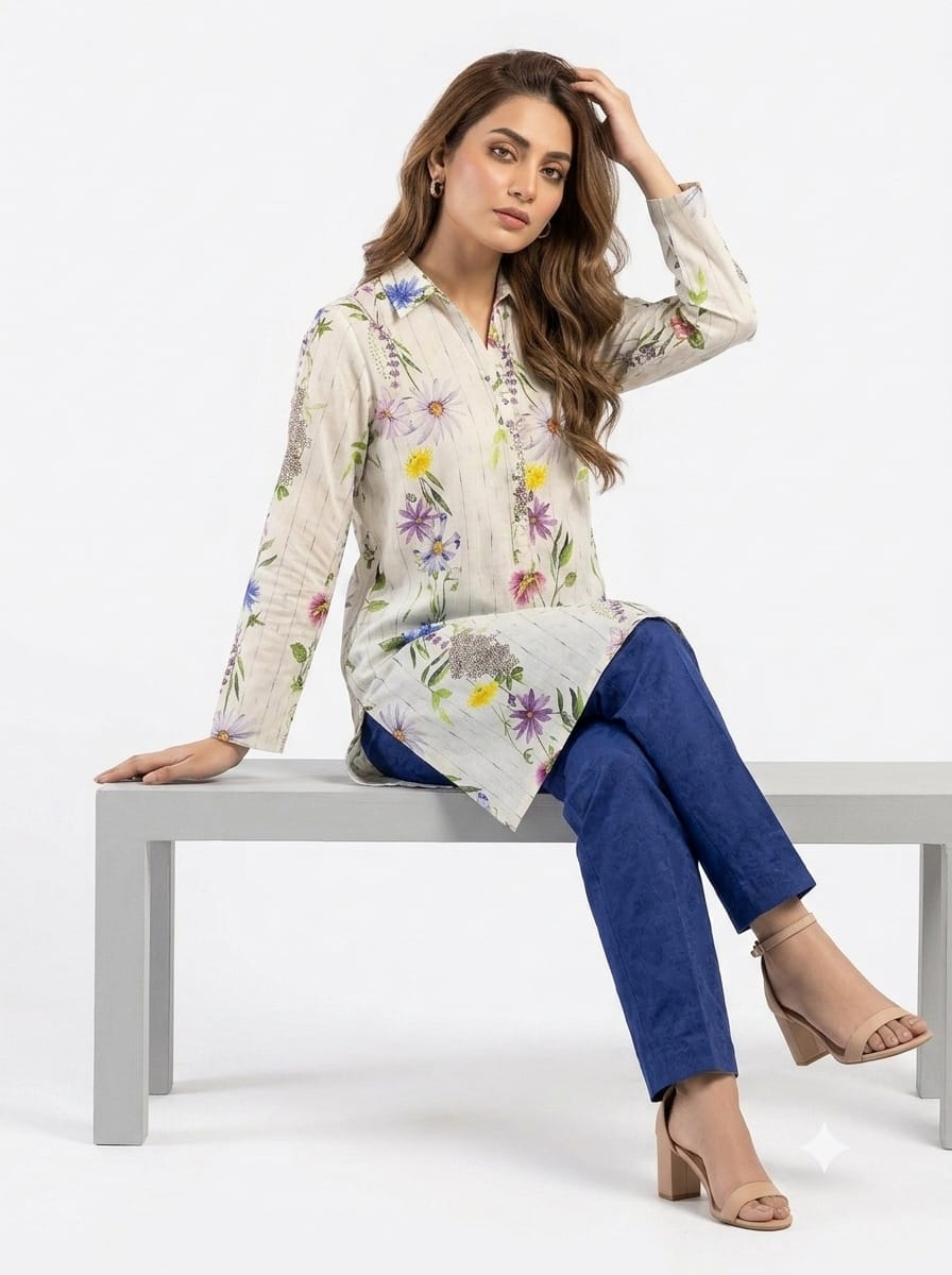 Cream Floral Print Collar Tunic 2Pc Suit