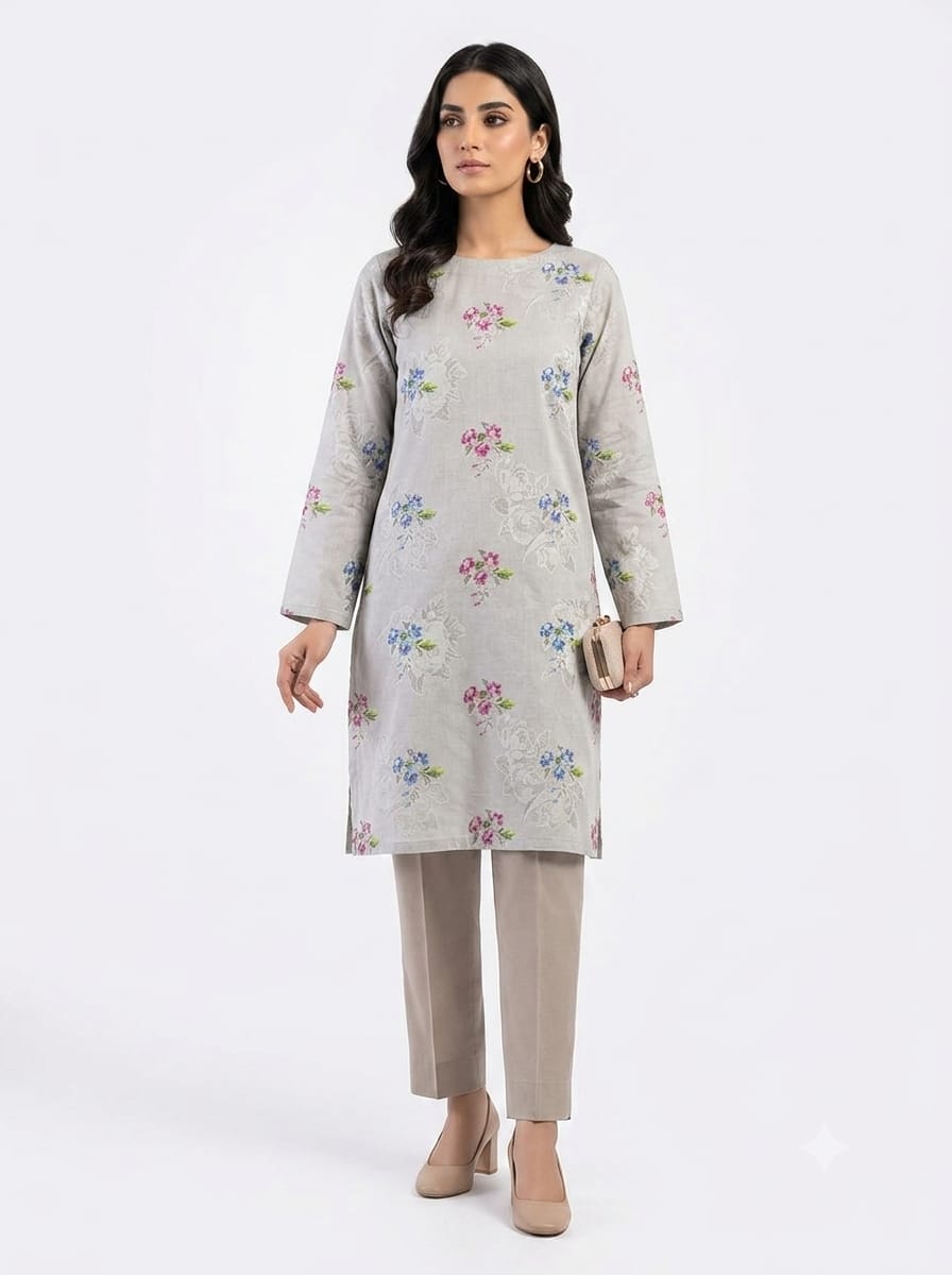 Grey Floral Print 2Pc Suit