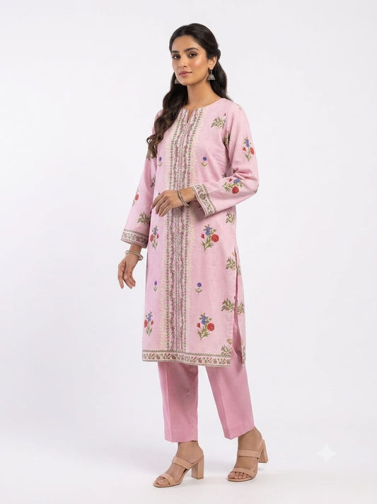 Pink Floral Embroidered Print 2Pc Suit