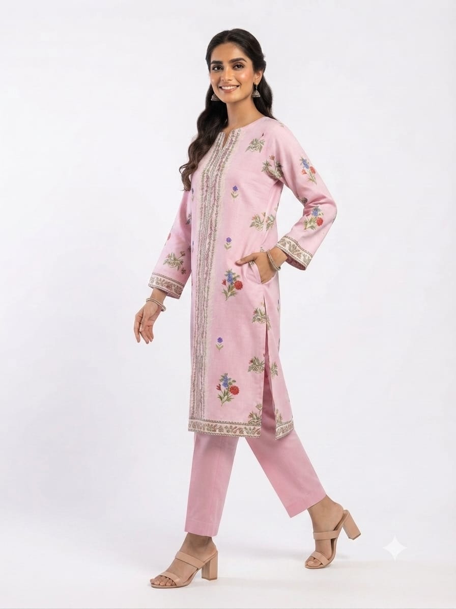 Pink Floral Embroidered Print 2Pc Suit