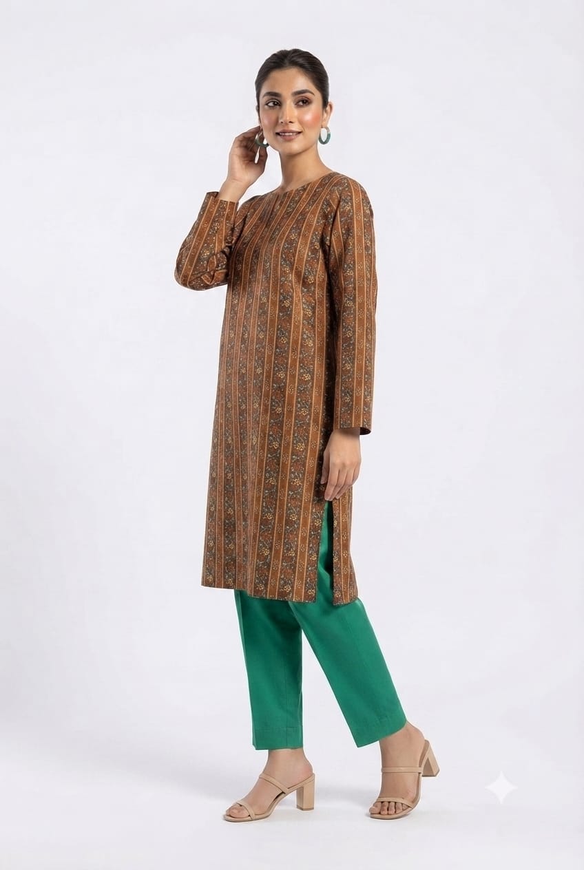 Rust Brown Striped Floral Print 2Pc Suit