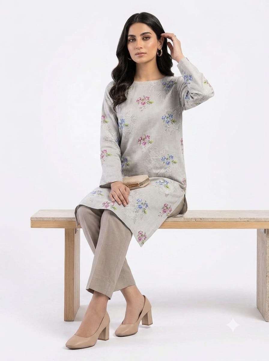 Grey Floral Print 2Pc Suit
