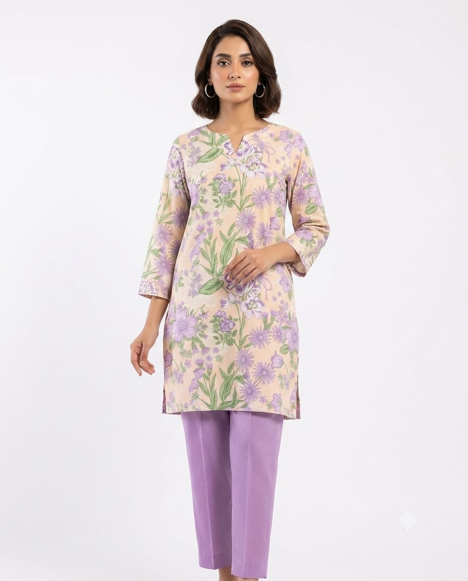 Peach Floral Print 2Pc Suit with Purple Trouser