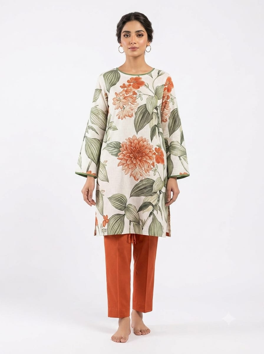 Ivory Floral Leaf Print 2Pc Suit