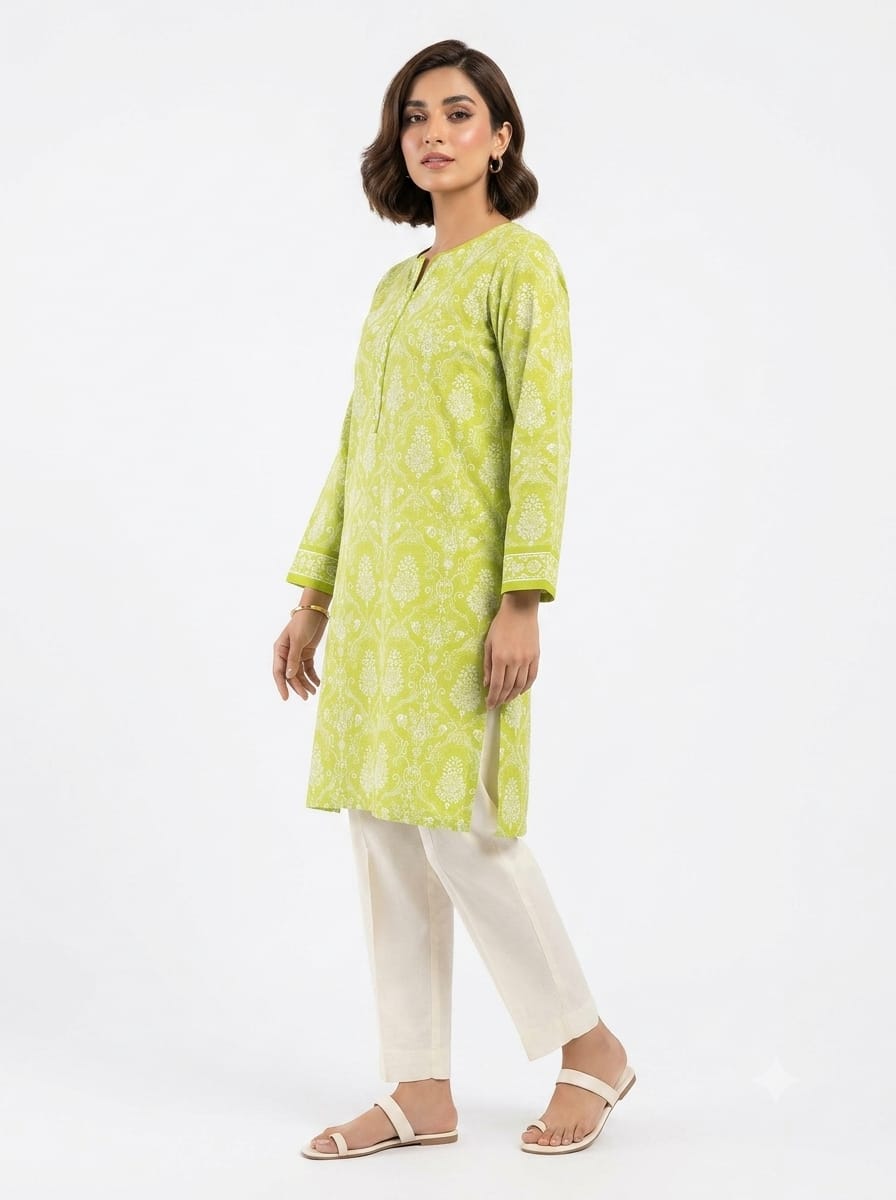 Lime Green Paisley Print 2Pc Suit