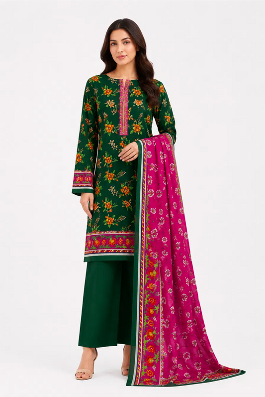 Bottle Green Floral Suit with Pink Border - 3Pc