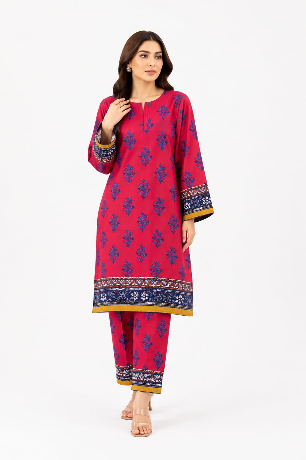 Magenta Floral Block Print Suit with Navy Dupatta
