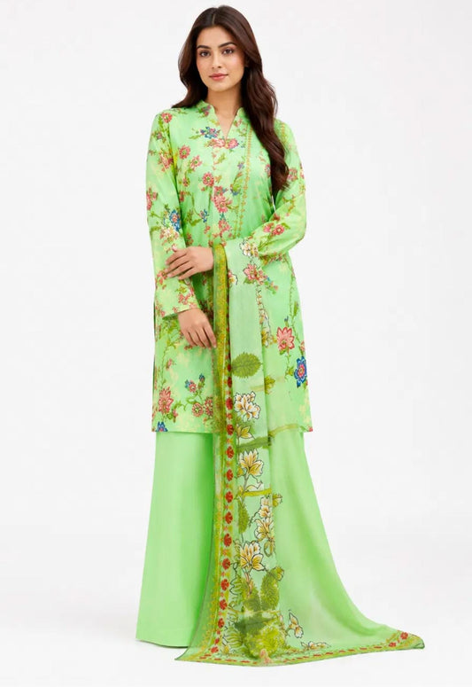 Light Green Floral Print Sharara Suit - 3Pc