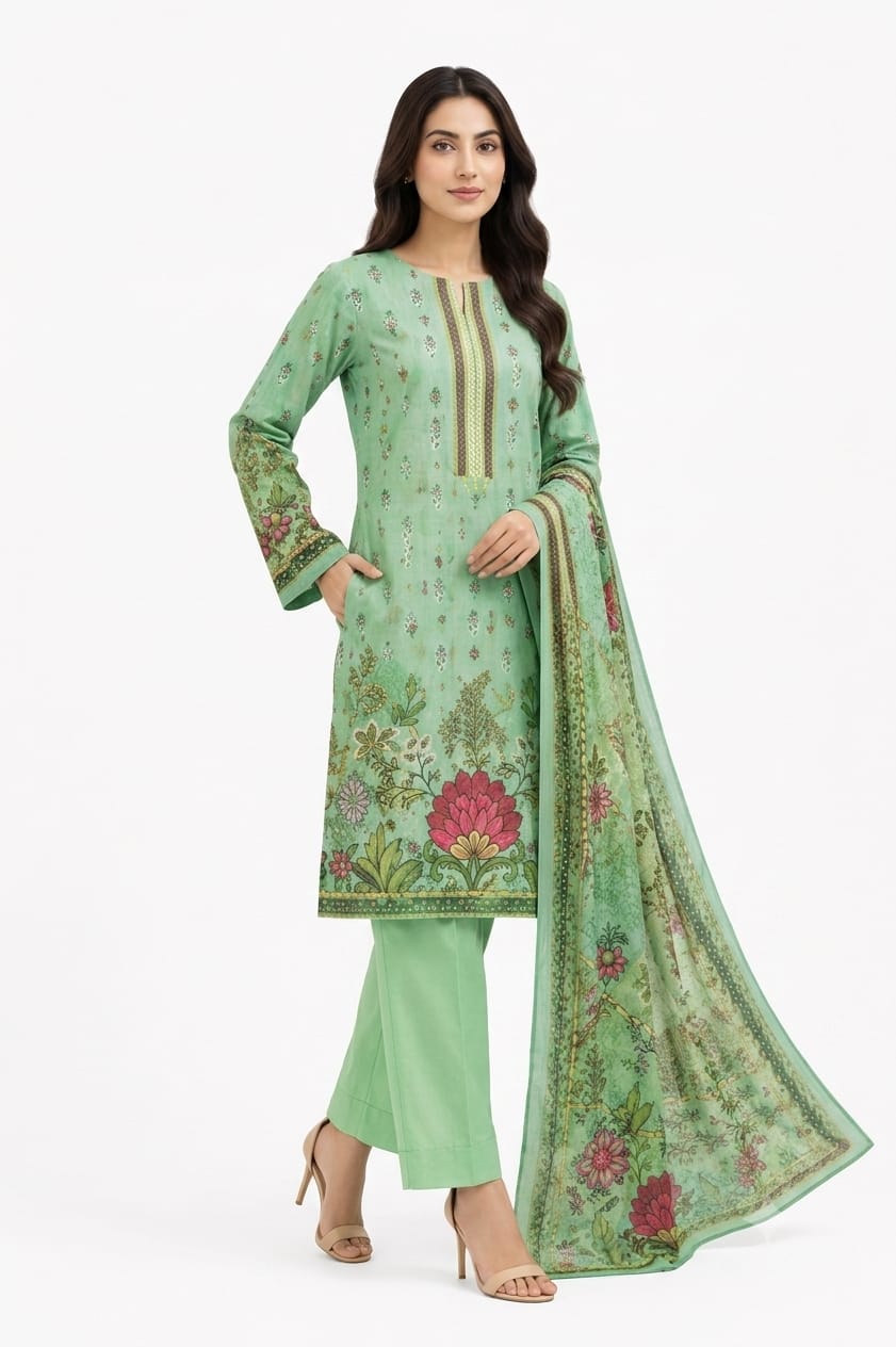 Sea Green Floral Embroidered Lawn Suit - 3Pc