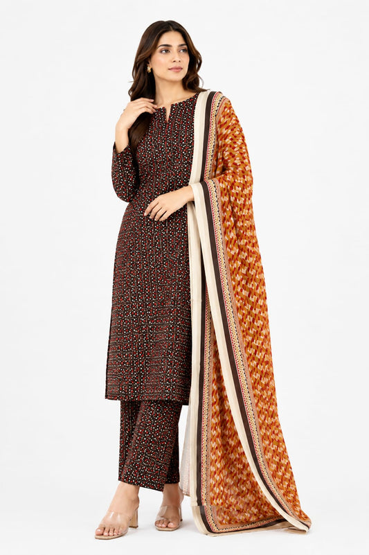 Black Dotted Print Suit with Mustard Geometric Dupatta