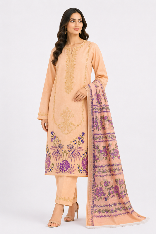 Apricot Embroidered 3-Piece Suit with Purple Floral Dupatta