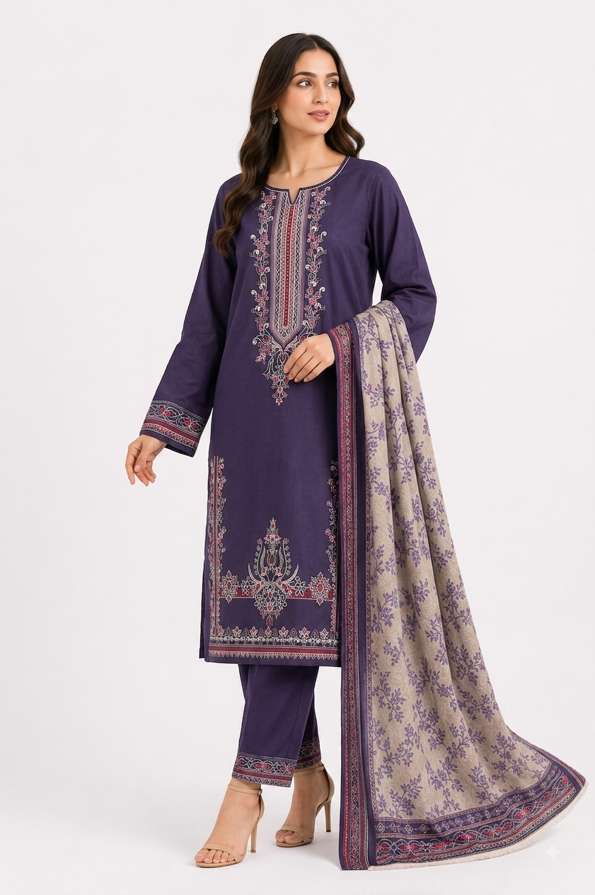 Aubergine Purple Suit with Red & White Embroidery