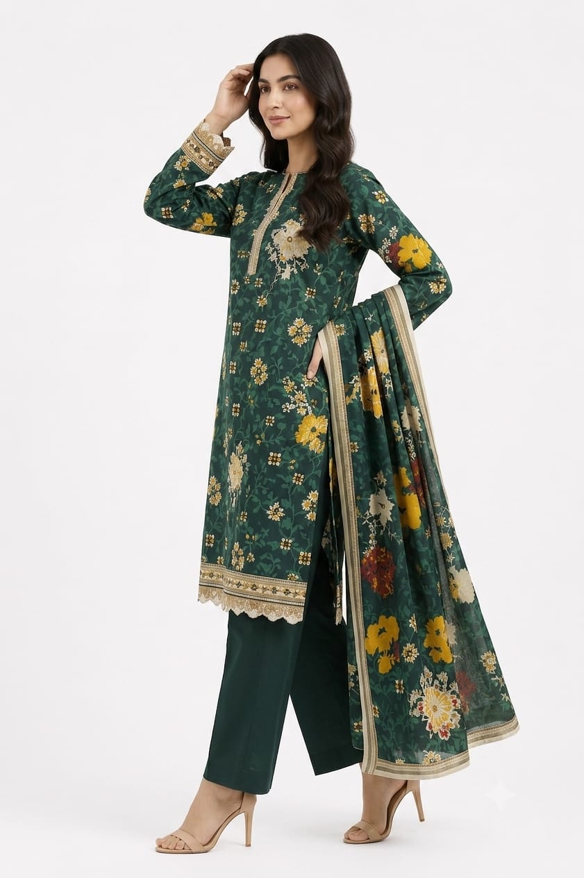 Bottle Green Floral Gold-Border Embroidered Suit - 3Pc
