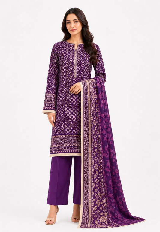 Purple Bandhani Diamond Print Suit - 3Pc