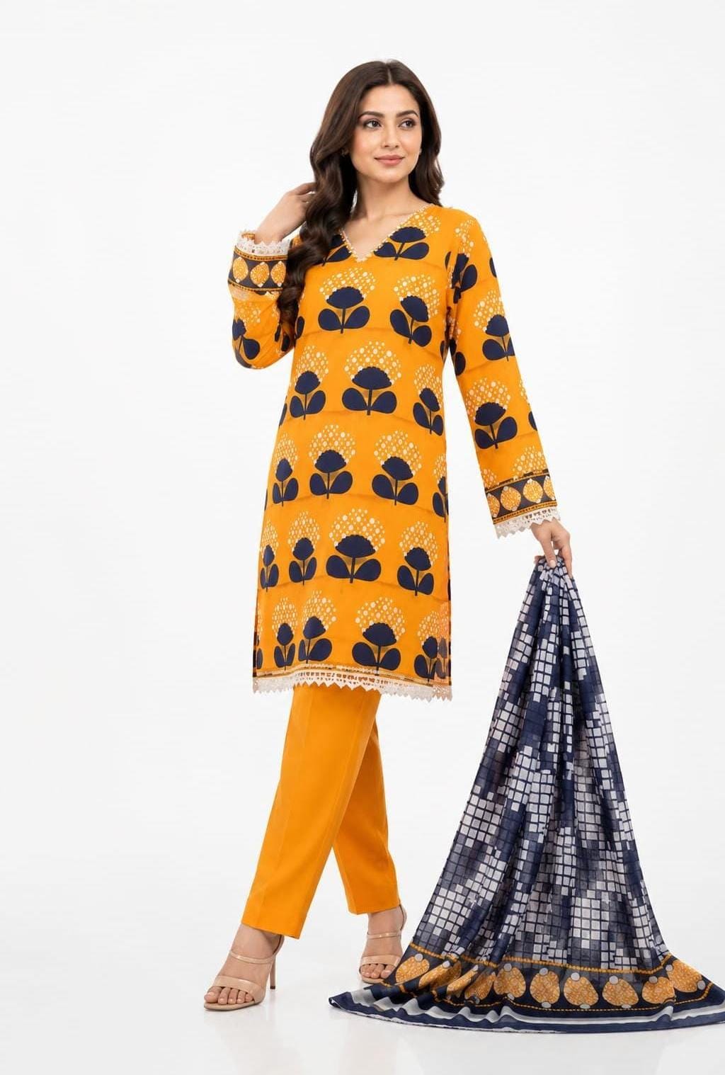 Mustard Orange Navy Floral V-Neck Suit - 3Pc