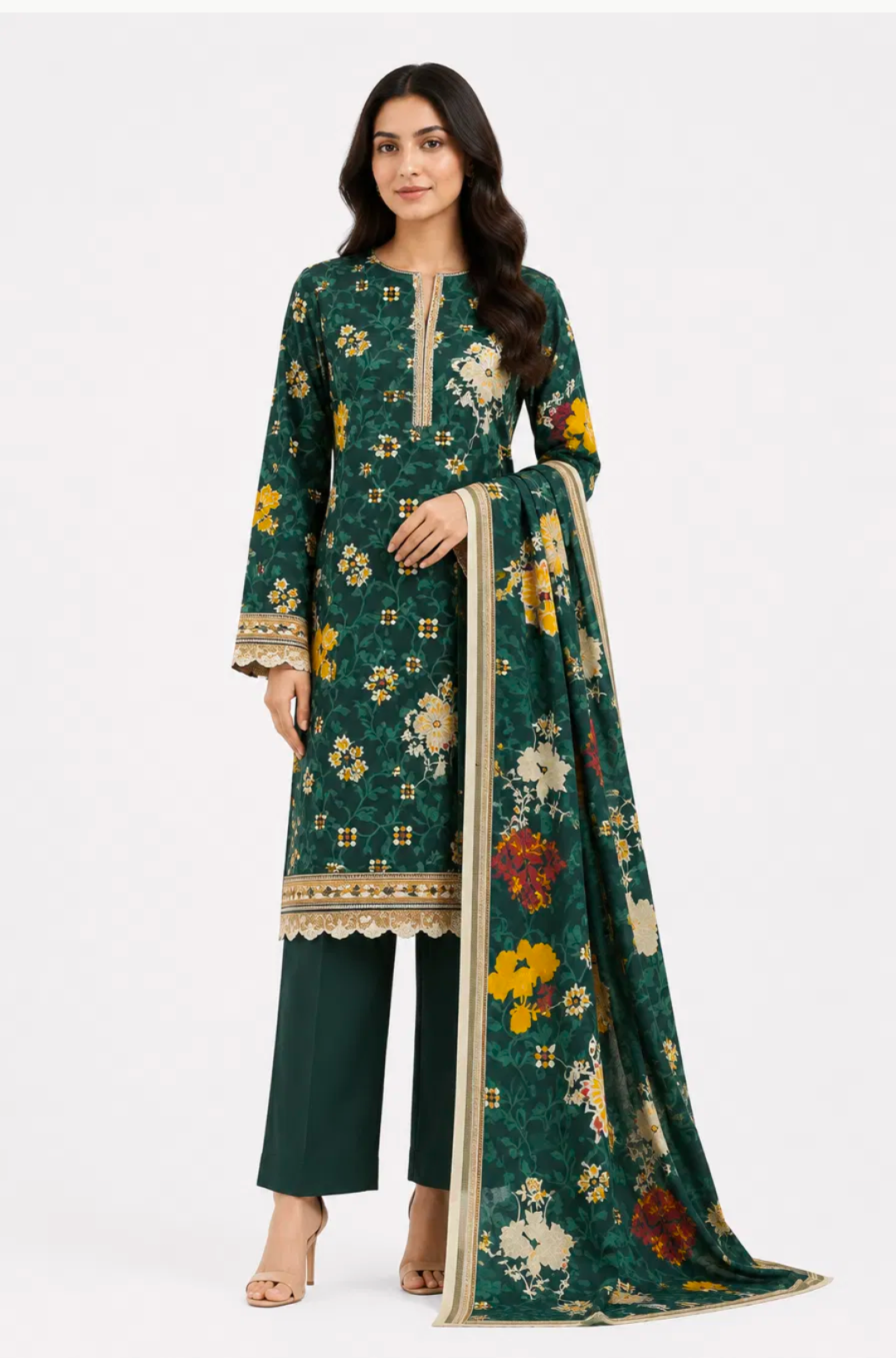 Bottle Green Floral Gold-Border Embroidered Suit - 3Pc