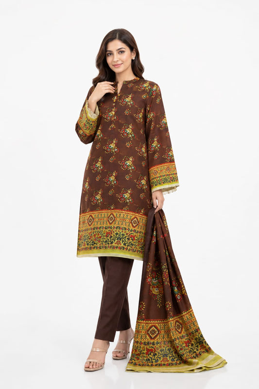 Brown Floral Print Suit - 3Pc