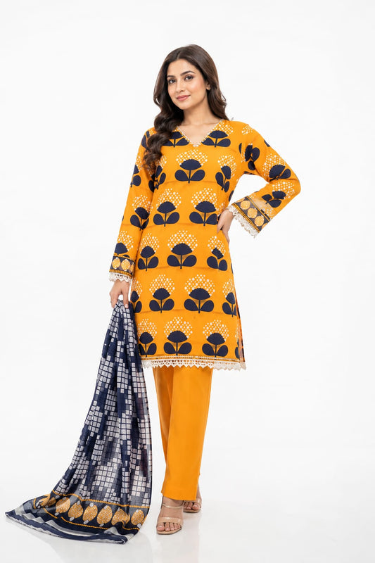 Mustard Orange Navy Floral V-Neck Suit - 3Pc