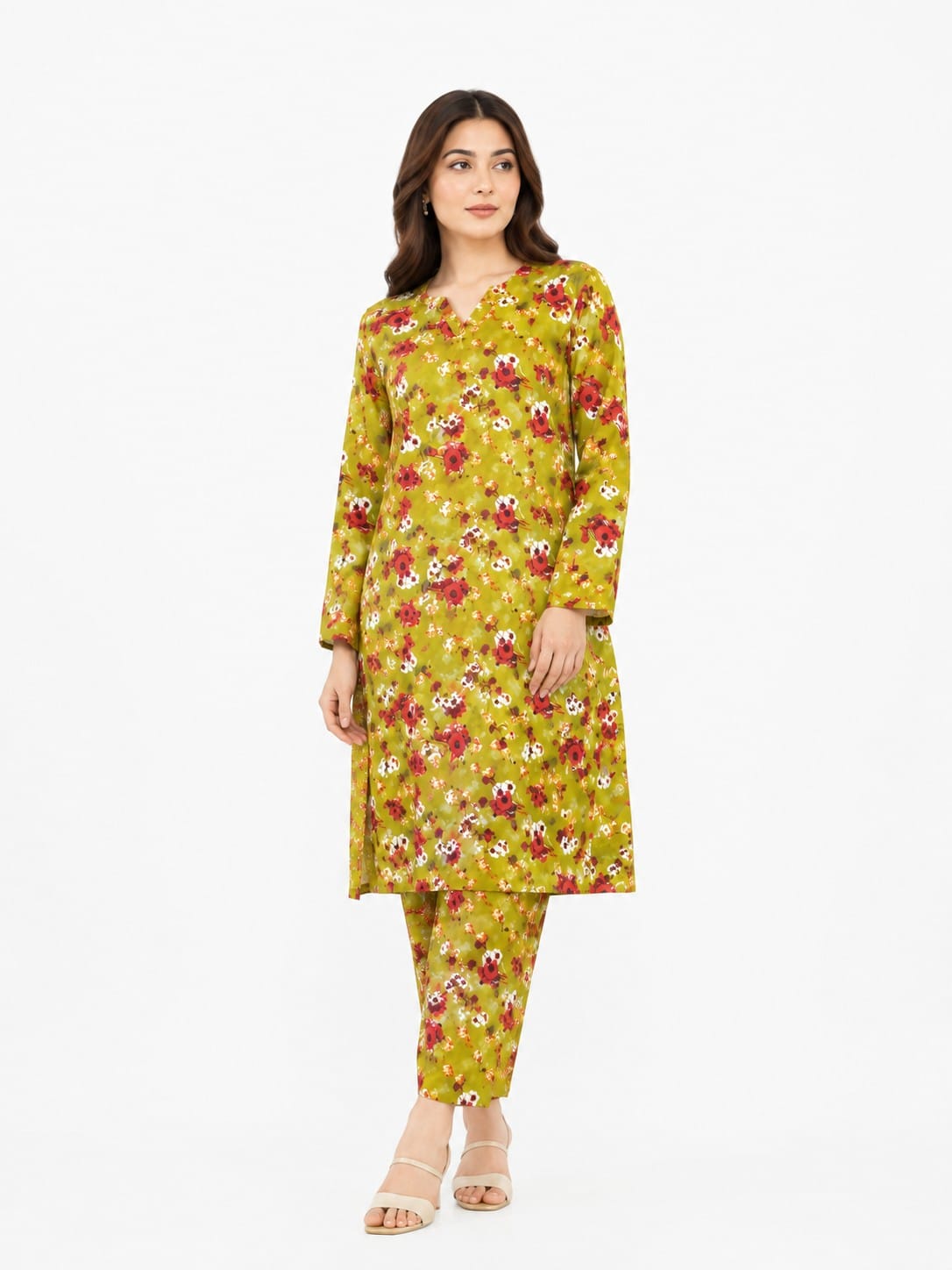 Olive Green Floral Scatter Print 2Pc Suit