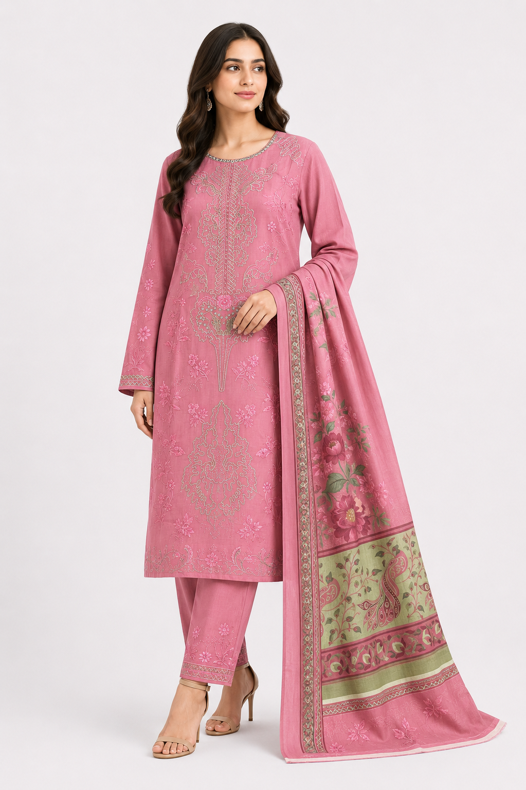Dusty Rose Embroidered Suit with Floral Border Dupatta